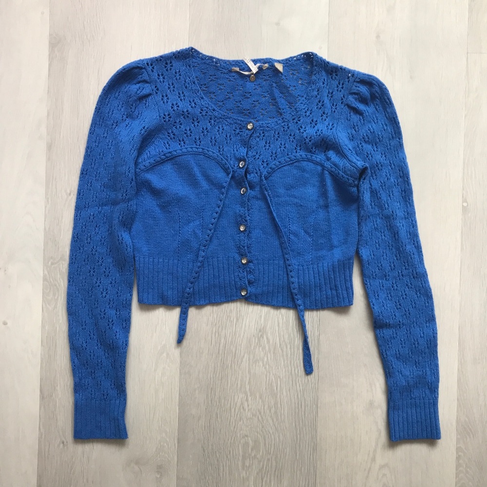KNITTED AND KNOTTED CARDIGAN CERULEAN BLUE BUTTON LONG SLEEVE CROCHET WOMENS S